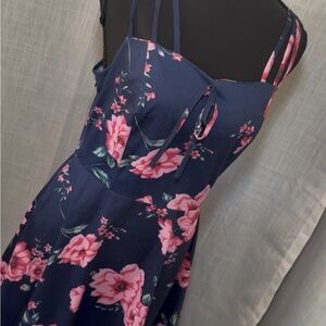 Navy & Pink Rose Floral Slip Dress w/ Spaghetti Straps - Size L